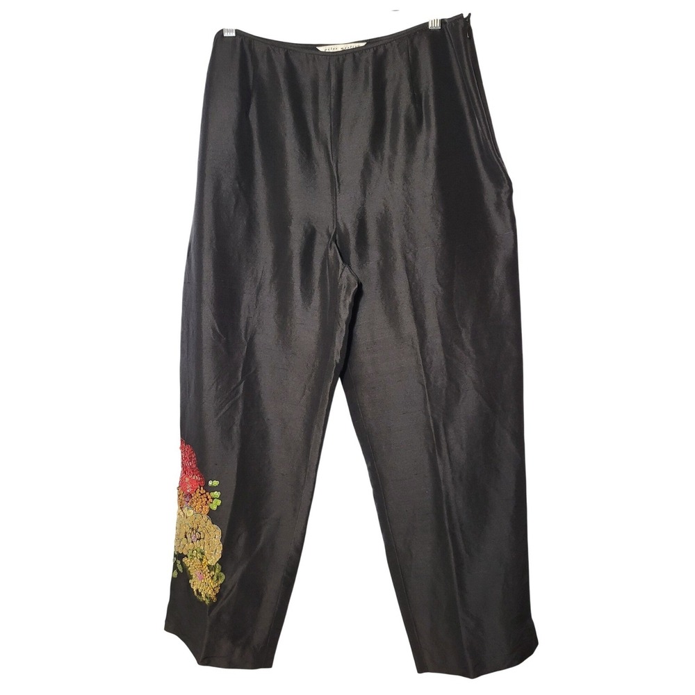 Peter Martin 100% Silk Sequin Floral Black Ankle Pants 14 Cocktail Luxe